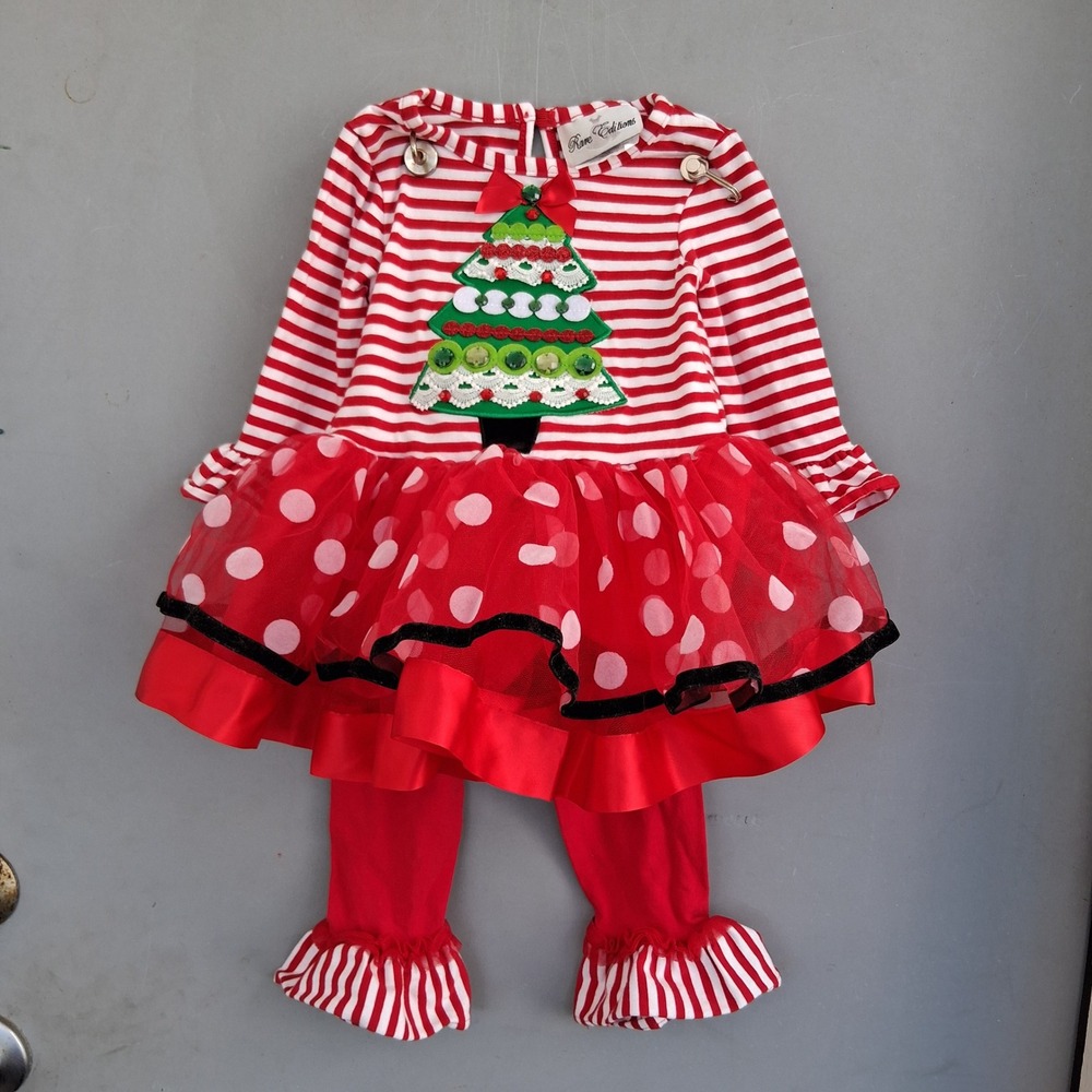 Vtg Y2K Rare Editions Christmas Tree Tutu Dress Leggings Set Red White 12 mos